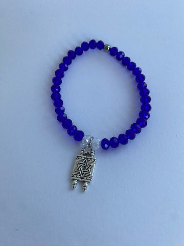 Blue Sparkly Glass Bead Stretchy Bracelet with Torah Scroll Charm