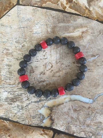 Men's Lava Bracelet with Red Wood accent Beads