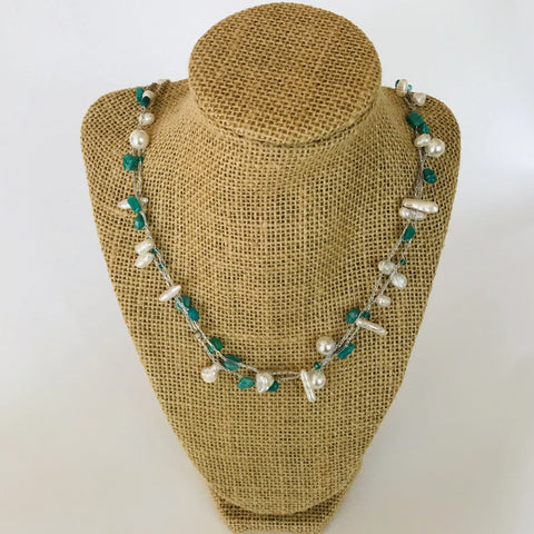 Crocheted Freshwater Pearl and Amazonite Necklace